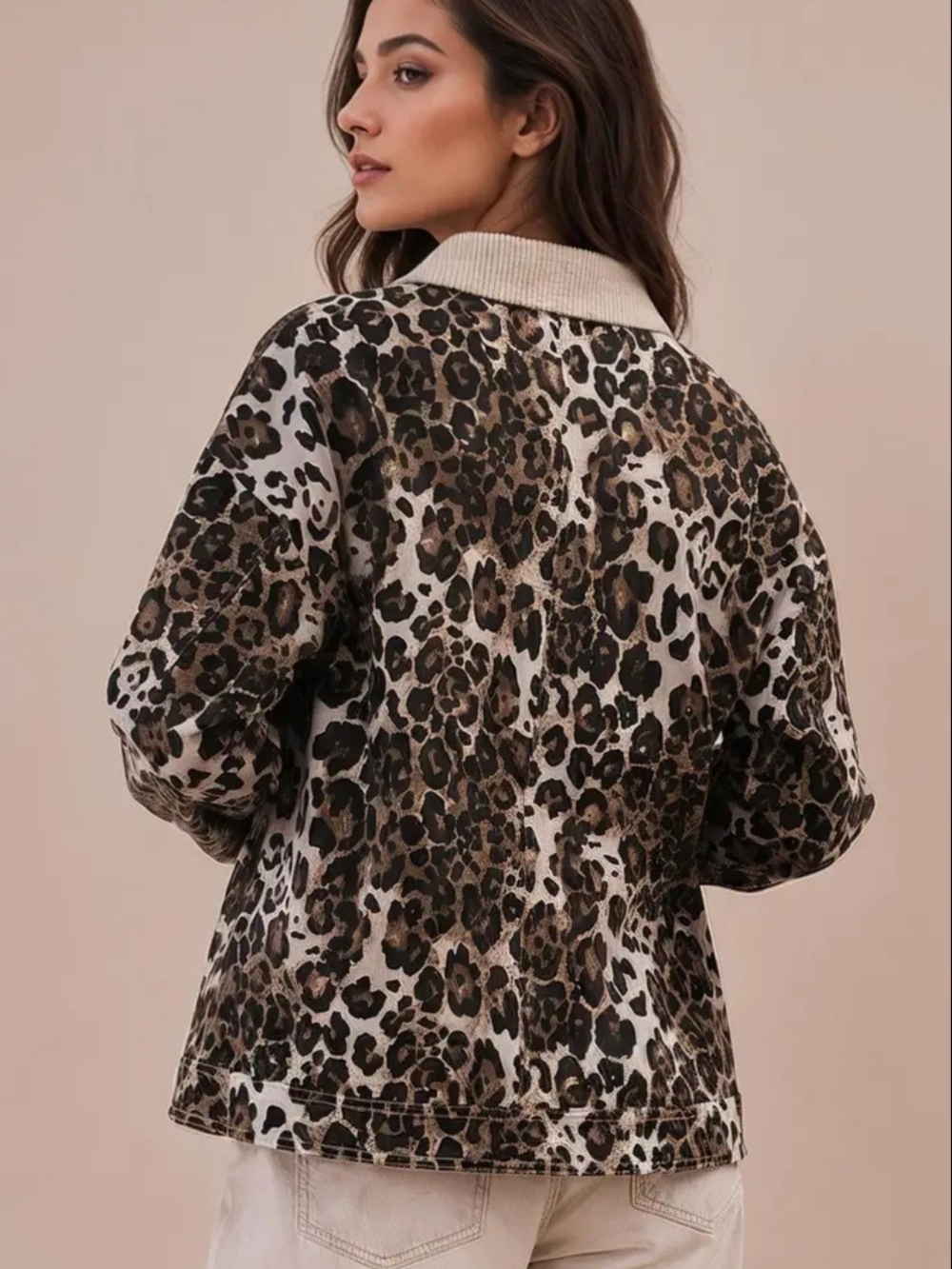Leopard Print Jacket Cotton Twill Oversized Corduroy Collar Utility Pockets